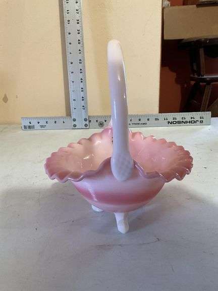 Fenton peach crested milk glass basket