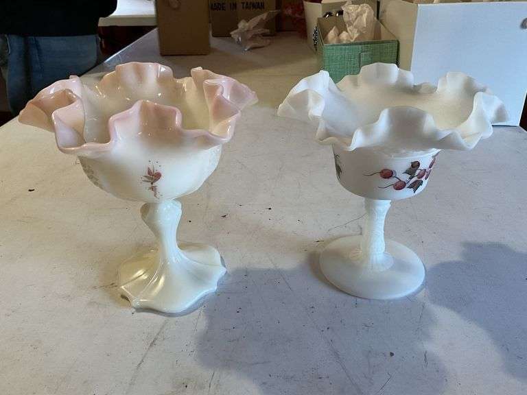 Fenton hand painted, signed ruffled footed compotes