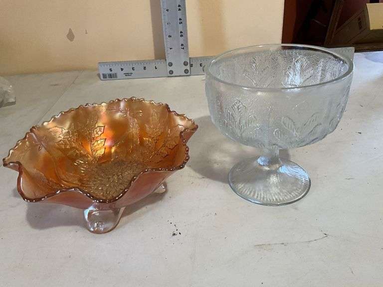 Carnival glass bowl, clear glass compote