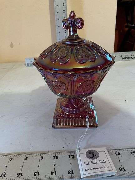 Fenton red carnival glass covered dish