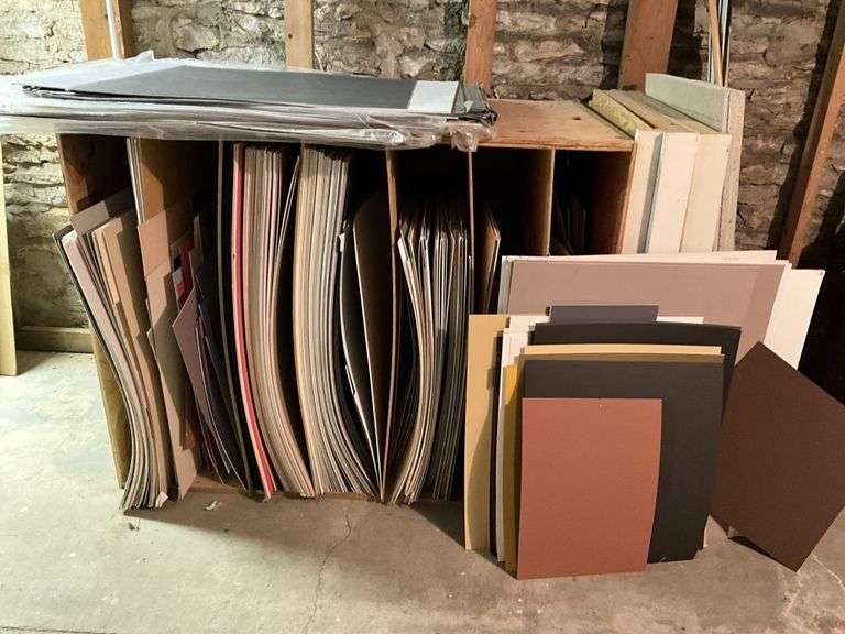 Mat board, assorted sizes and colors, in basement,  organizer included
