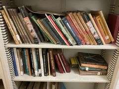 Metal shelving unit with assorted books.