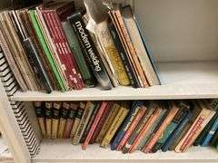 Metal shelving unit with assorted books.