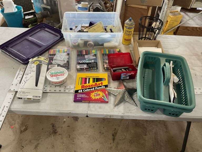 Crafting stamps, Color pencils and tote with lid