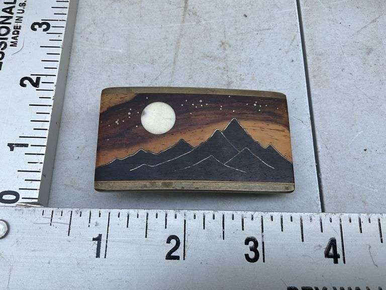 Kenneth Reid inlaid wood turquoise and metal belt