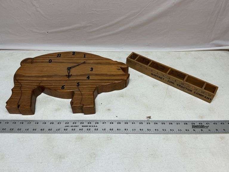 Wooden pig clock, ruler box - Legacy Auction Company