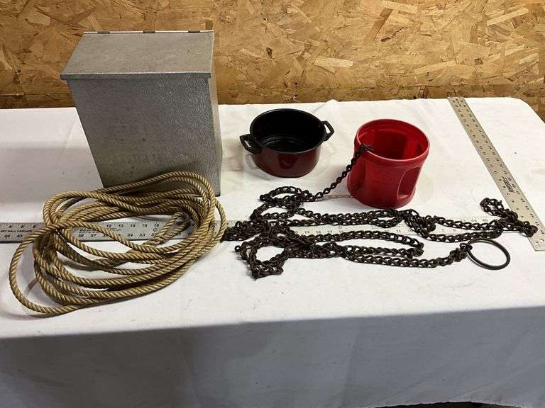 Vintage dairy box, chain with ring on one end and