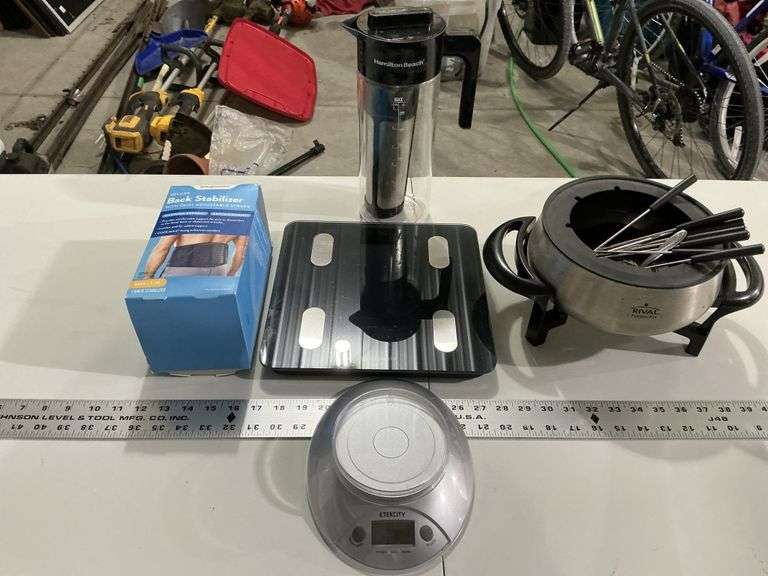 Back stabilizer, fondue pot, scales, etc.