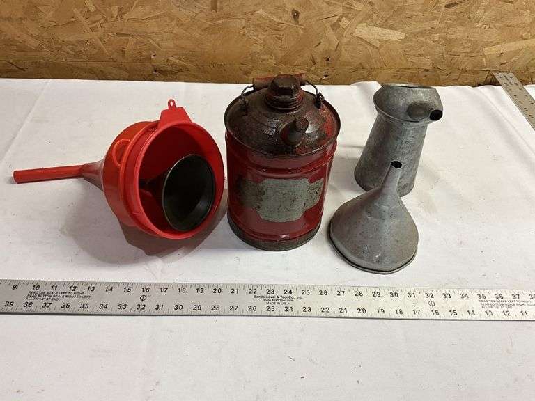 Vintage gas can, funnels and oil dispenser
