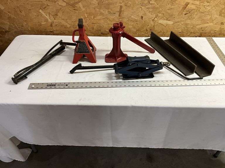 Vintage jacks, jack stand, hand air pump, etc.