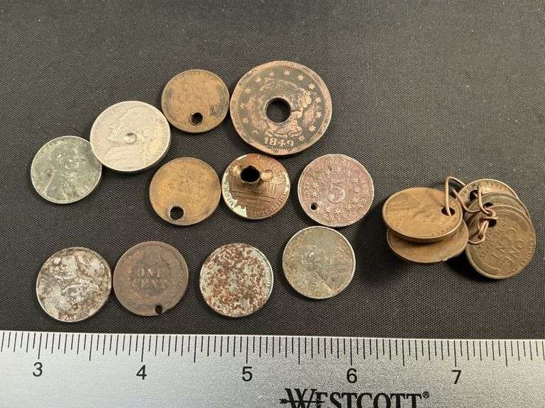 Damaged coins. 1868 shield nickel, (4) 1943 steel