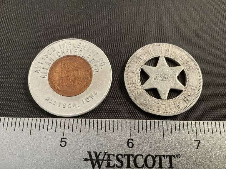 Allison Impl/ Allan Chevrolet token & 1925 Shell