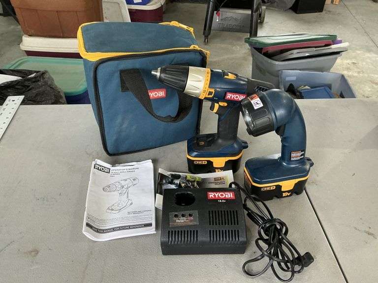 Ryobi cordless drill/ light/batteries and charger