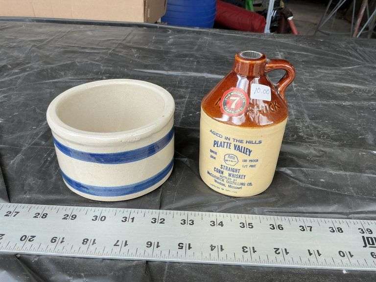 Roseville crock/Platte Valley corn whiskey jug
