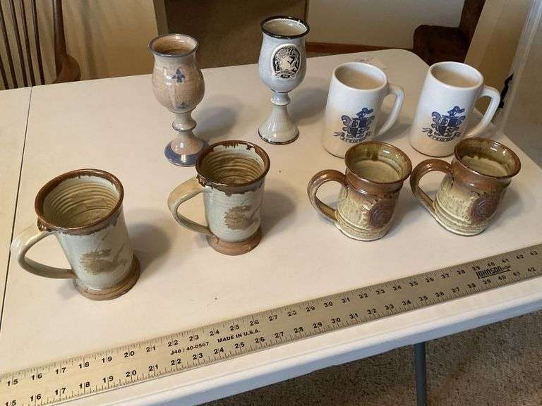 Pottery beer mugs etc., 1- cracked handle