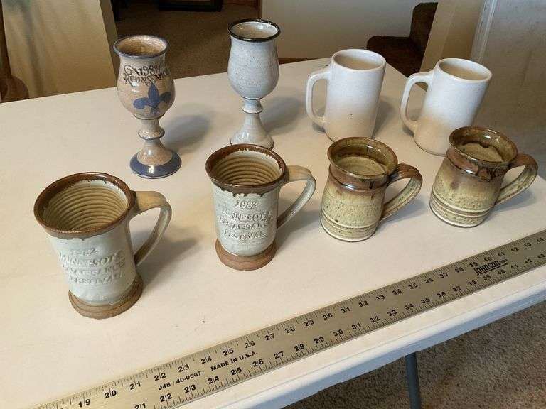 Pottery beer mugs etc., 1- cracked handle