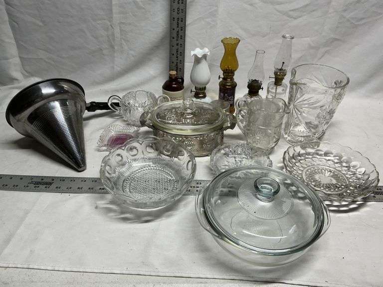 Colander, clear glass, etc