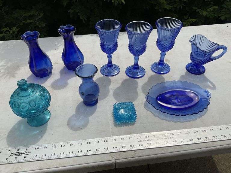 Blue glassware, etc.