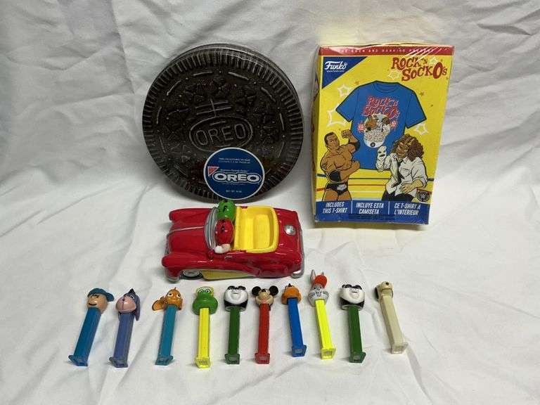 PEZ dispensers, Oreo tin, M&Ms car