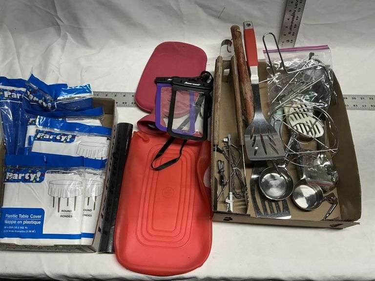 Grilling utensils, plastic table covers, etc