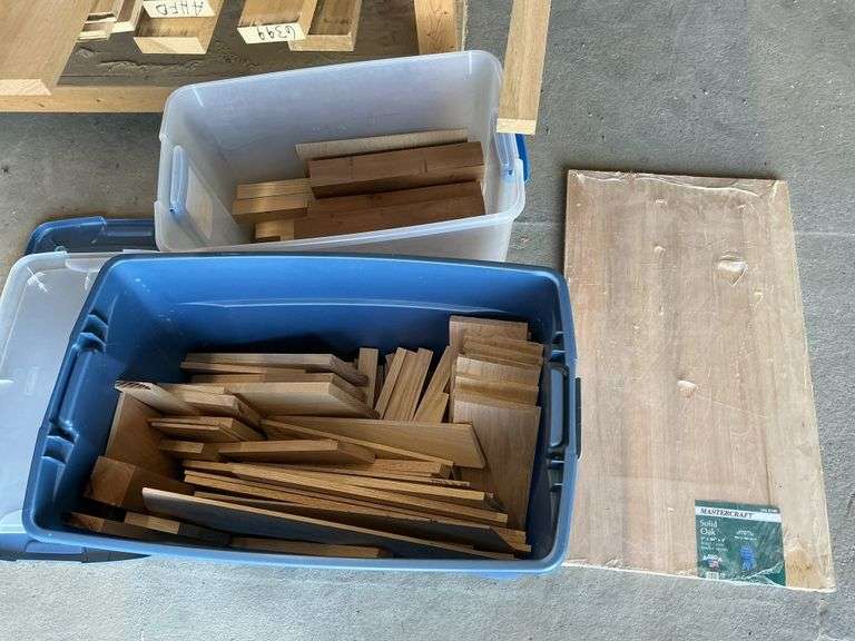 Assorted oak etc wood on table and in totes
