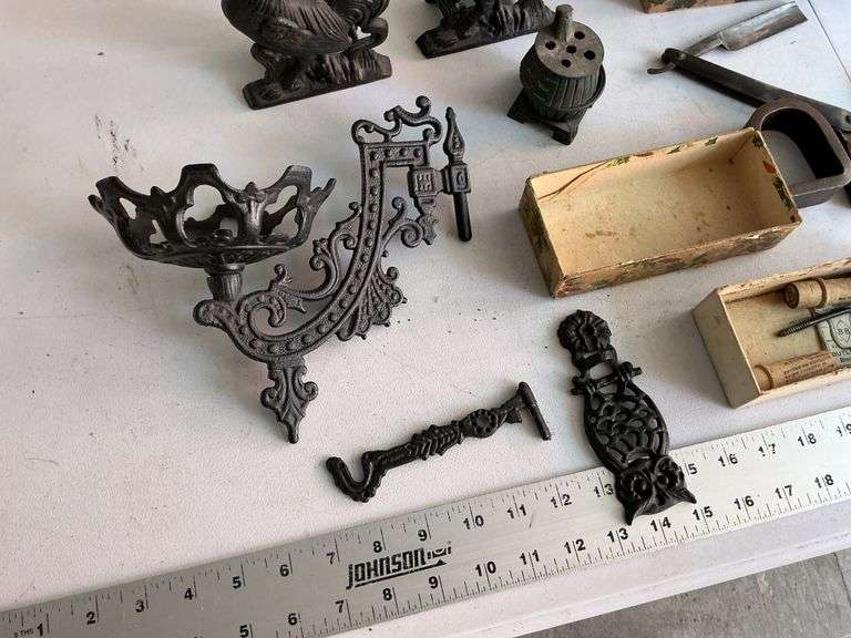 Cast iron pieces and razors, etc.