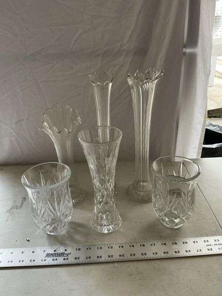 Clear glass vases, shades