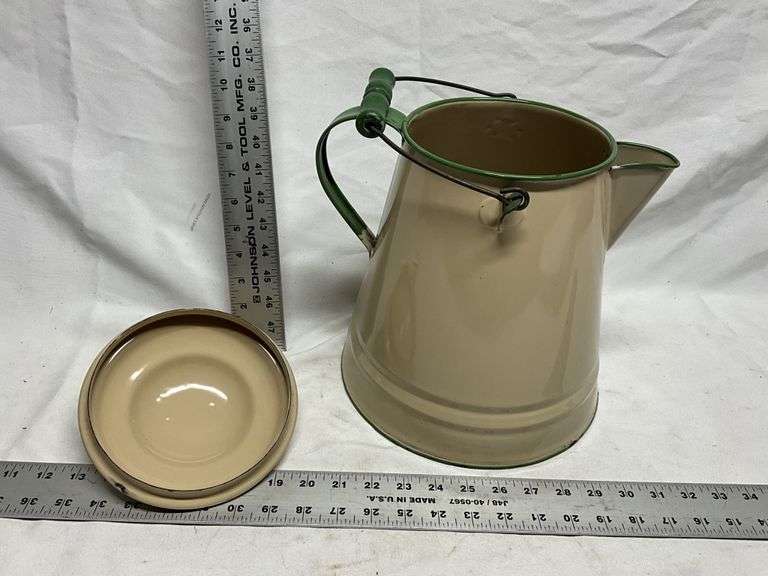 Cream and green enamel coffee pot