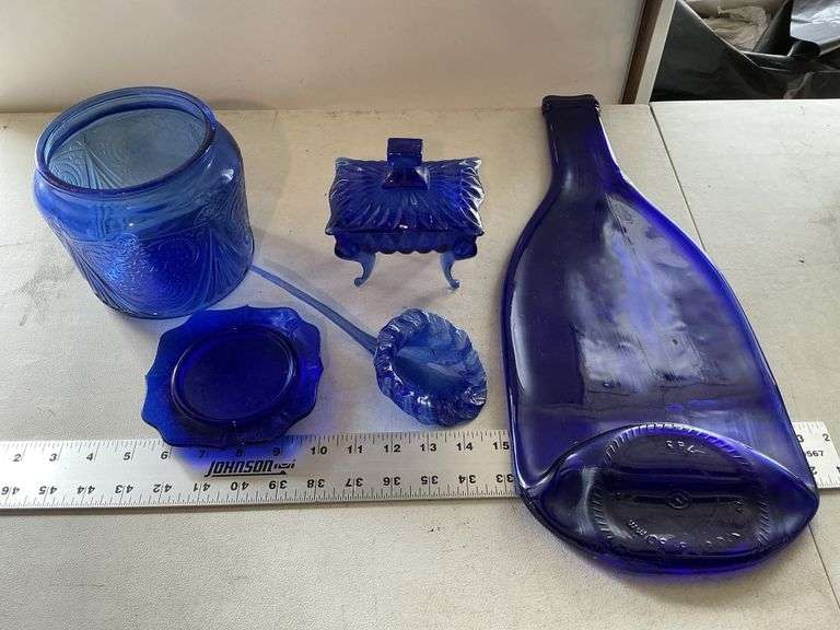 Cobalt blue glassware – flower is chipped on the