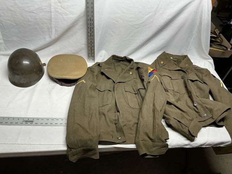 Army jackets, helmet, hat