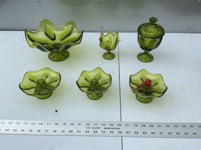 Green candleholders/candy dish and bowl