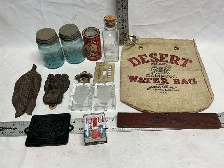 Water bag, jars, cast iron pieces, level, etc