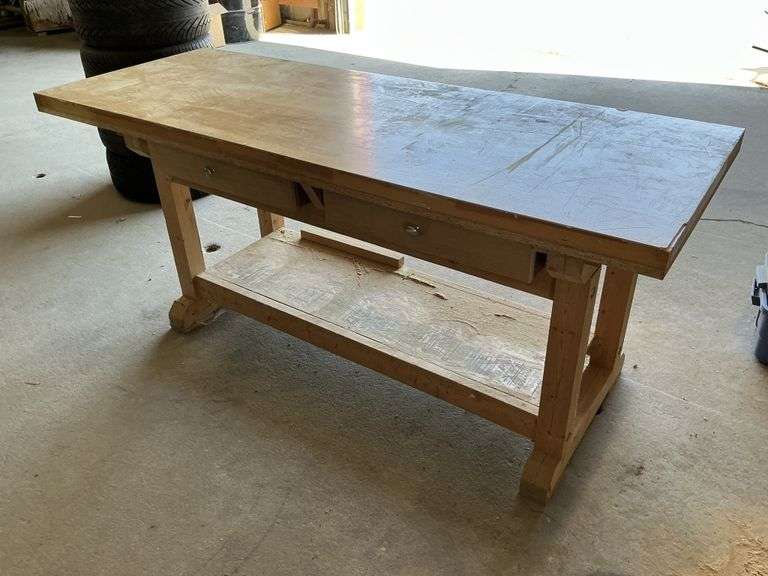Wooden shop table 80" x 30" x 34" very heavy.