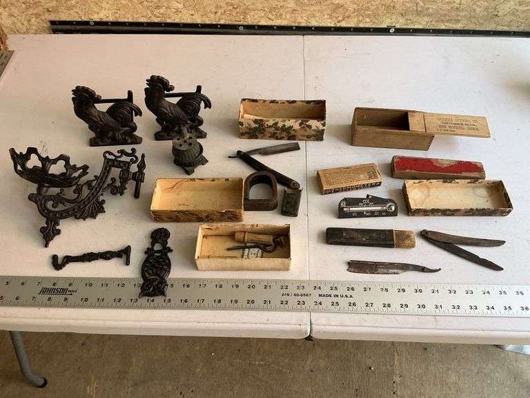 Cast iron pieces and razors, etc.