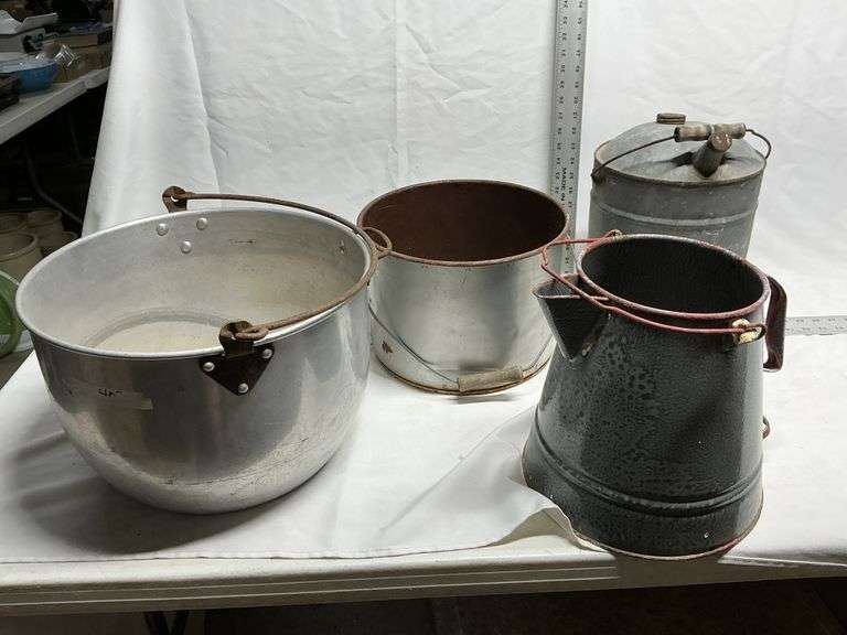 Buckets, gas can & coffee pot