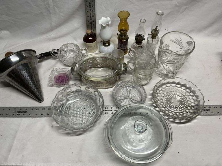 Colander, clear glass, etc