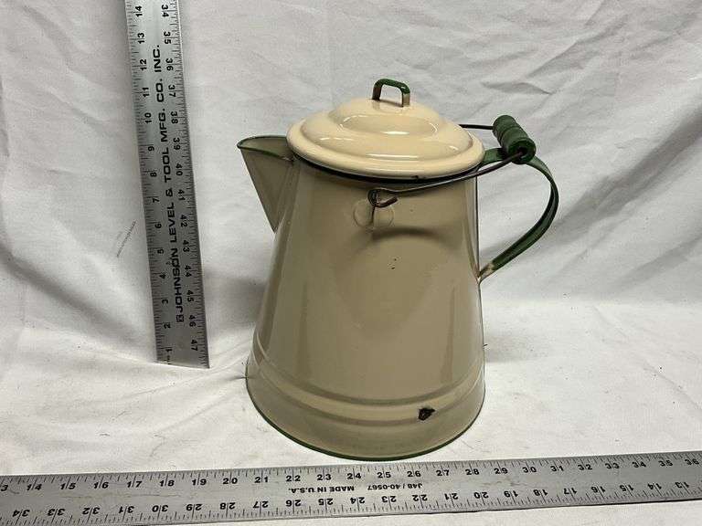 Cream and green enamel coffee pot