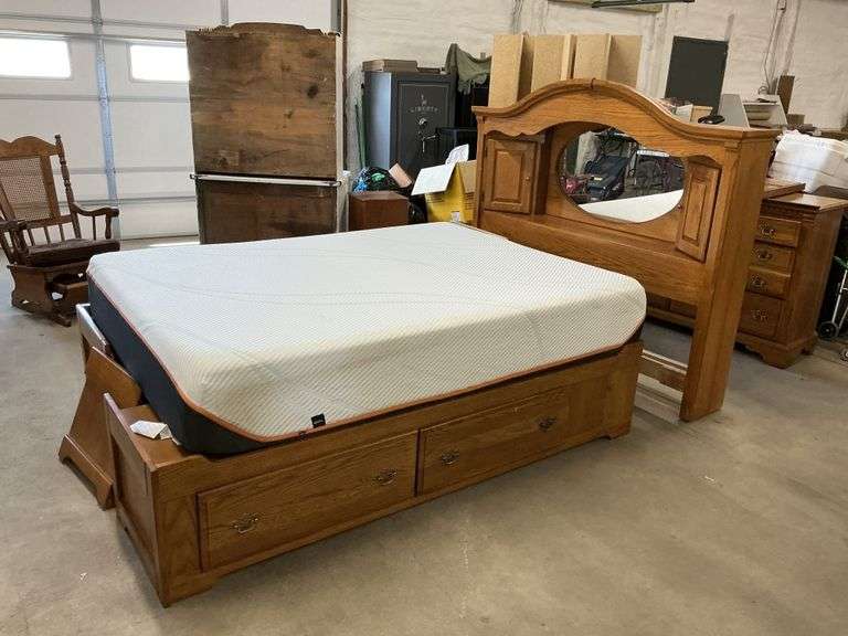 Queen size oak bed set and mattress