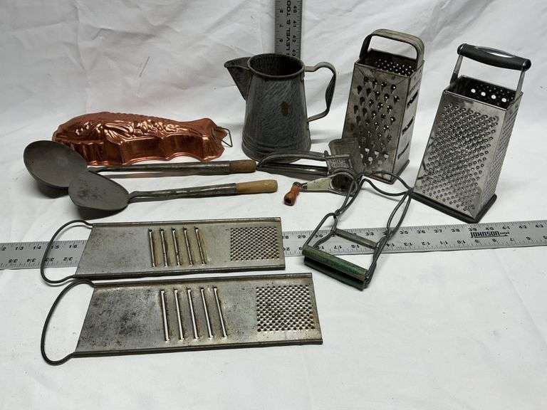 Kitchen graters, mold, coffee pot, etc