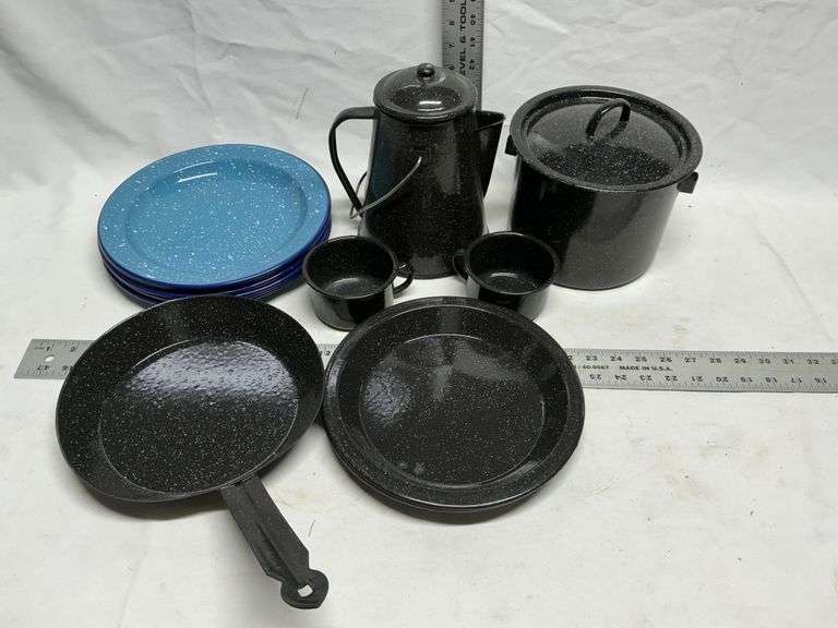 Plates, coffee pot, cups, pans