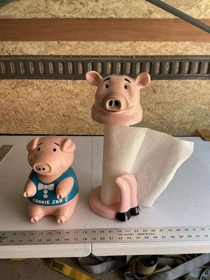 Plastic pig cookie jar and towel holder