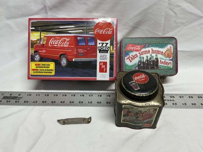 Coca-Cola Ford van model, tins and opener