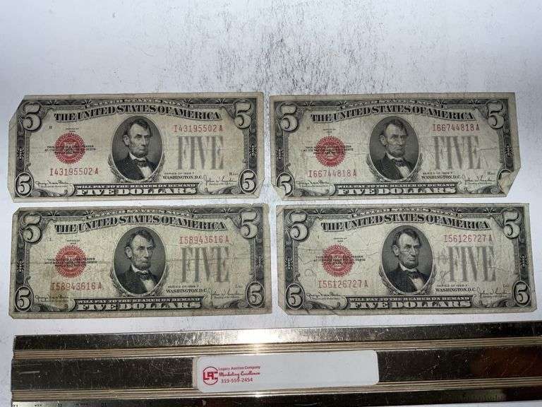 4- 1928 F $5 red seal notes