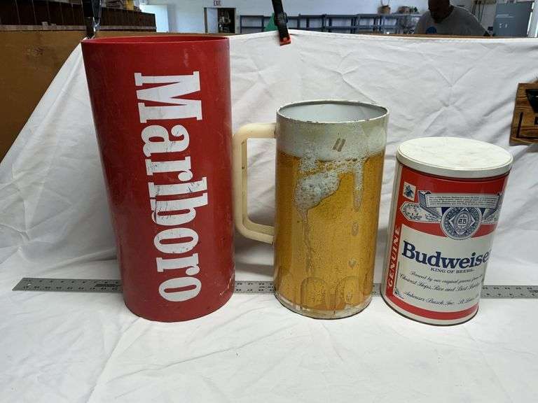 Marlboro container, Budweiser tin, beer mug tin
