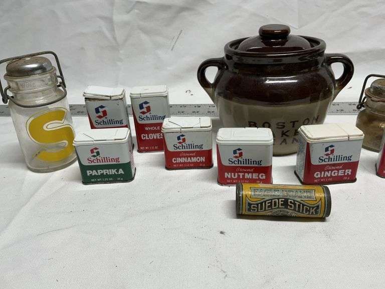 Bean pot and miscellaneous spice tins