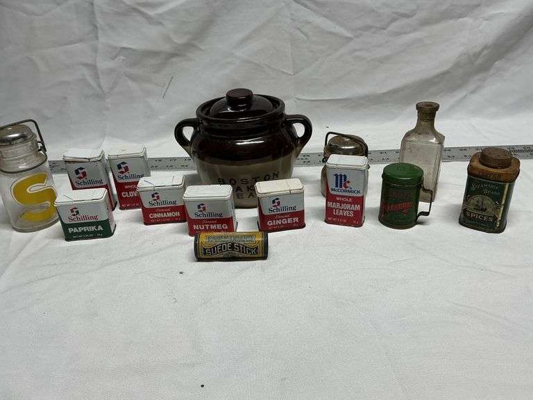 Bean pot and miscellaneous spice tins