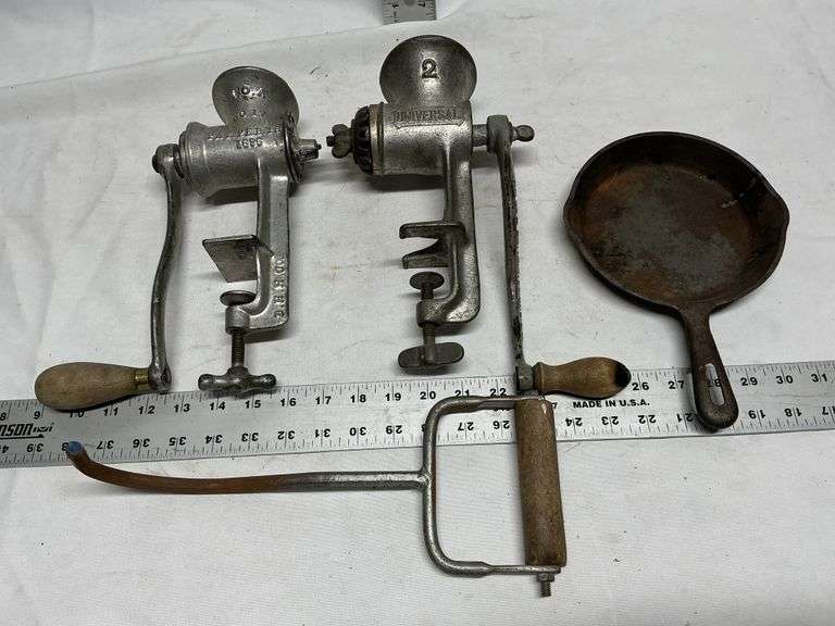 Grinders, meat hook, skillet