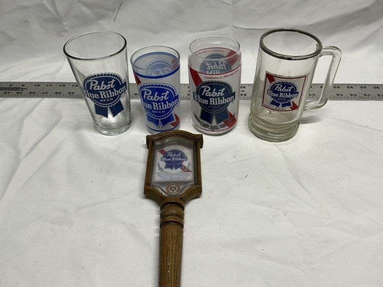 Pabst Blue Ribbon glasses and tapper