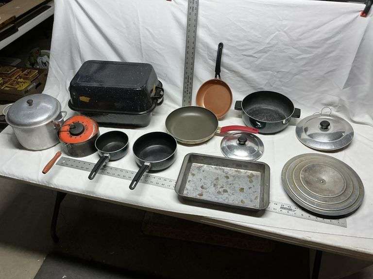 Enamelware roaster and pots and pans