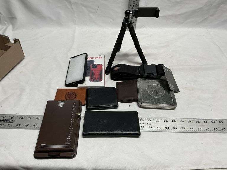 Selfie tripod, wallets, phone case
